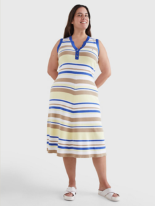 white curve stripe sleeveless henley midi dress for women tommy hilfiger