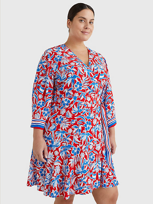 red curve scarf print knee length wrap dress for women tommy hilfiger