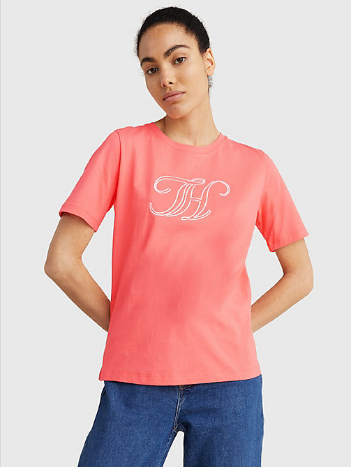 roze biologisch katoenen t-shirt met monogram voor dames - tommy hilfiger