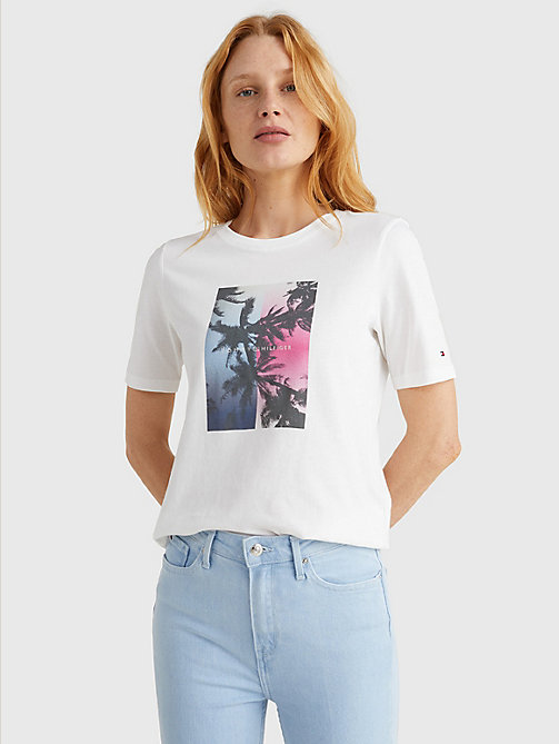 wit t-shirt met palmen-fotoprint voor dames - tommy hilfiger