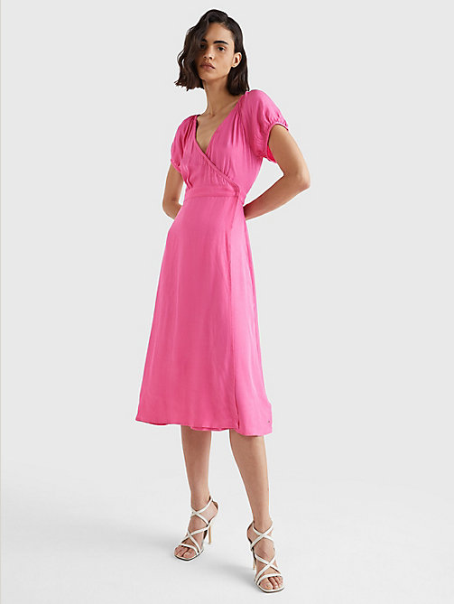 vestido de corte evasé en jacquard de viscosa rosa de mujer tommy hilfiger