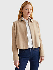 beige regular fit suede jacket for women tommy hilfiger