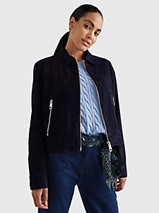 blue regular fit suede jacket for women tommy hilfiger