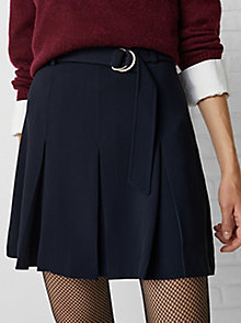 blue th monogram pleated flare mini skirt for women tommy hilfiger