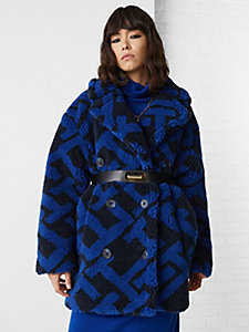 blue th monogram oversized faux fur peacoat for women tommy hilfiger