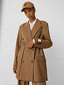 beige relaxed fit belted pinstripe blazer for women tommy hilfiger