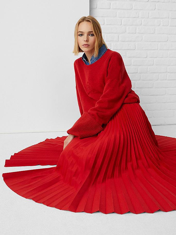 rood exclusive flared jersey midi-rok met plooien voor dames - tommy hilfiger