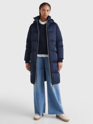 Sateen Down Hooded Maxi Coat | BLUE | Tommy Hilfiger