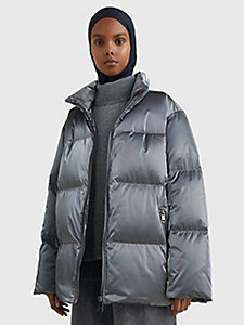 grey metallic down-filled puffer coat for women tommy hilfiger