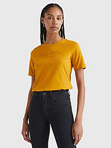 gold high shine embroidery organic cotton t-shirt for women tommy hilfiger