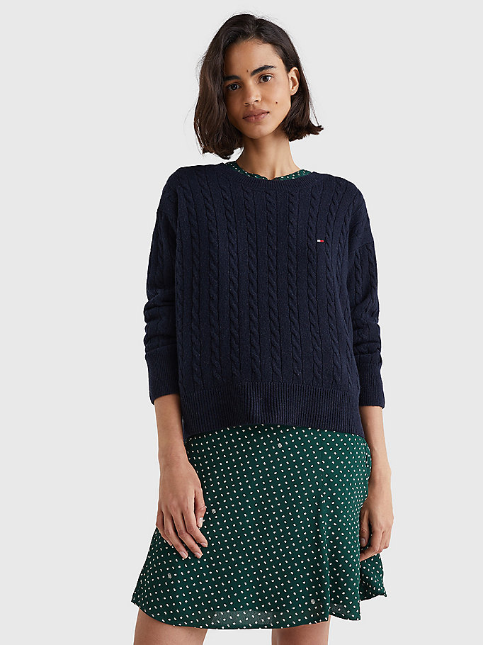 Relaxed Fit Cable Knit Wool Jumper | BLUE | Tommy Hilfiger
