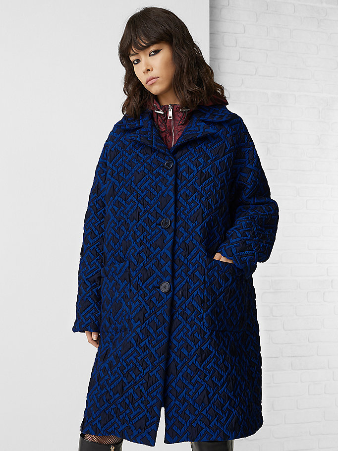 blue th monogram quilted car coat for women tommy hilfiger