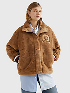 brown varsity crest faux fur relaxed jacket for women tommy hilfiger