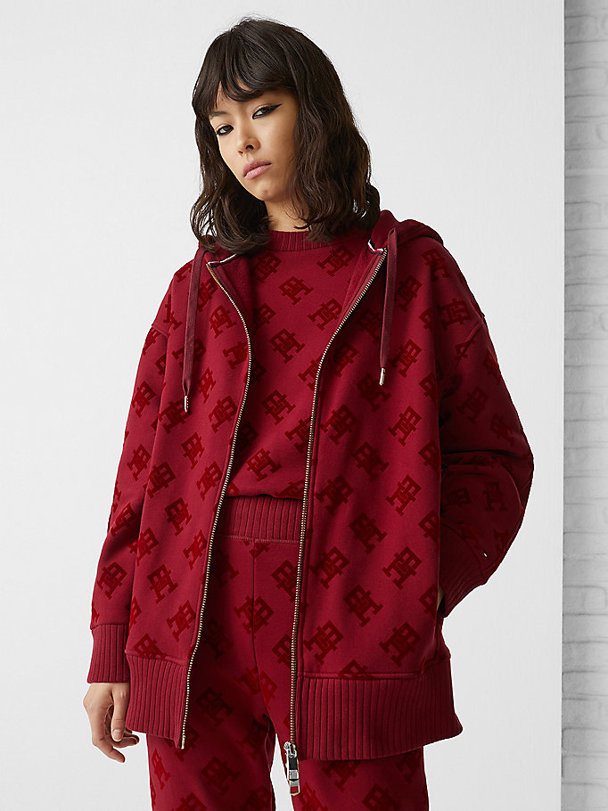 red th monogram oversized hoody for women tommy hilfiger