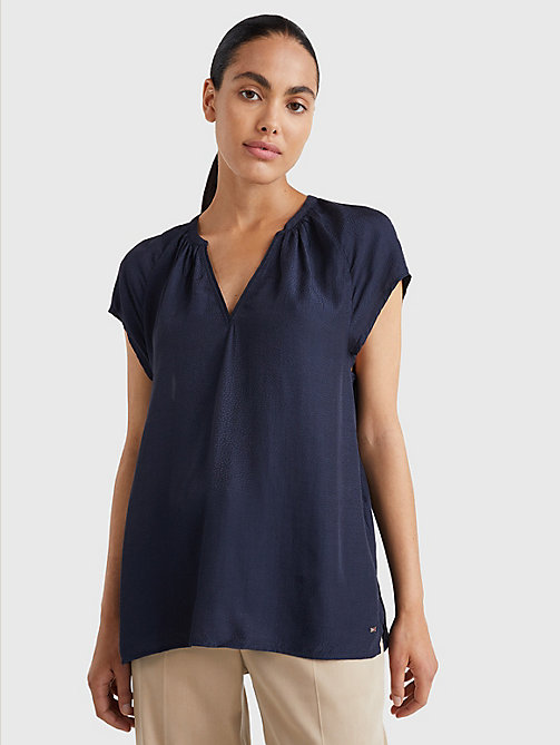 blue jacquard regular fit short sleeve blouse for women tommy hilfiger