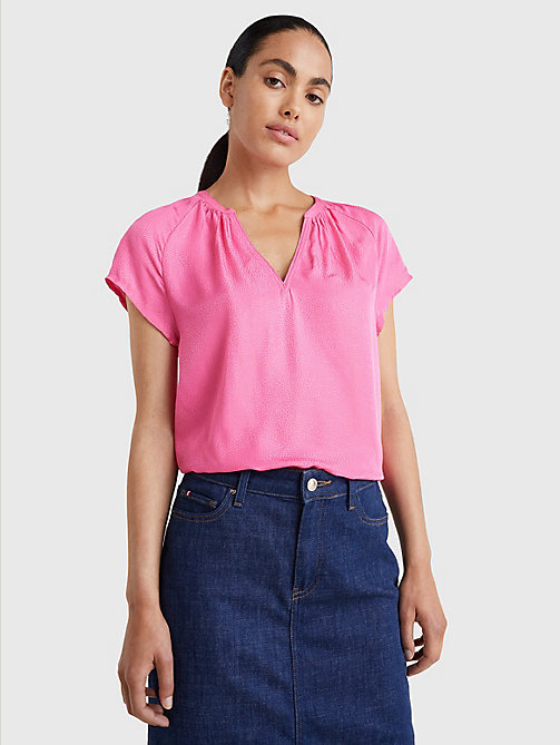pink jacquard regular fit short sleeve blouse for women tommy hilfiger