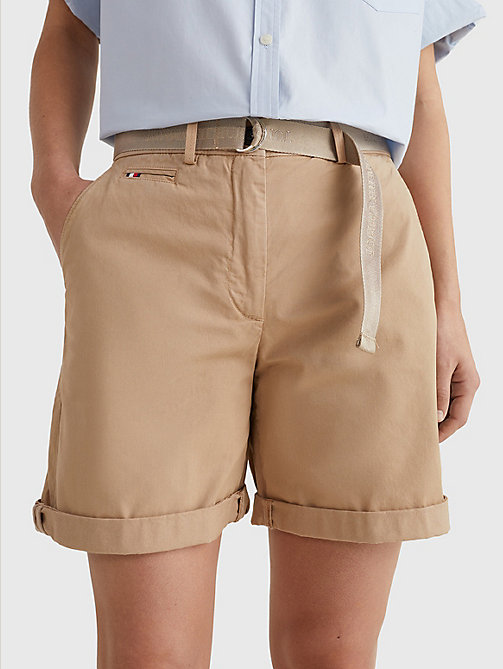 beige d-ring belted chino shorts for women tommy hilfiger