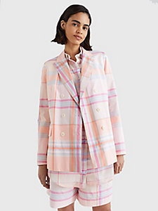 pink madras check relaxed double-breasted blazer for women tommy hilfiger