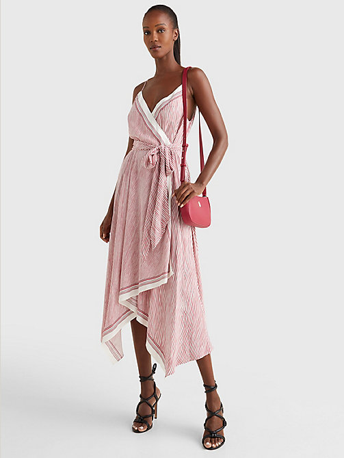 roze exclusive midi-jurk met streep en zakdoekzoom voor dames - tommy hilfiger