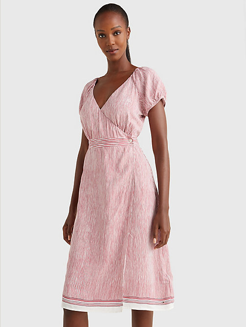rosa exclusive midi-wickelkleid mit streifen für damen - tommy hilfiger