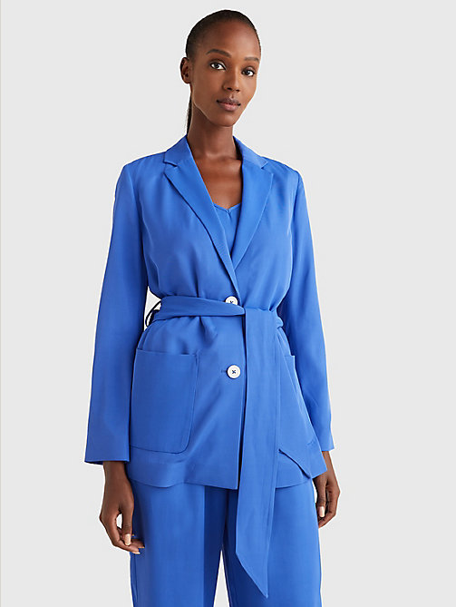 blue exclusive belted blazer for women tommy hilfiger