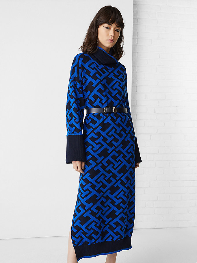 blue th monogram oversized merino jumper dress for women tommy hilfiger