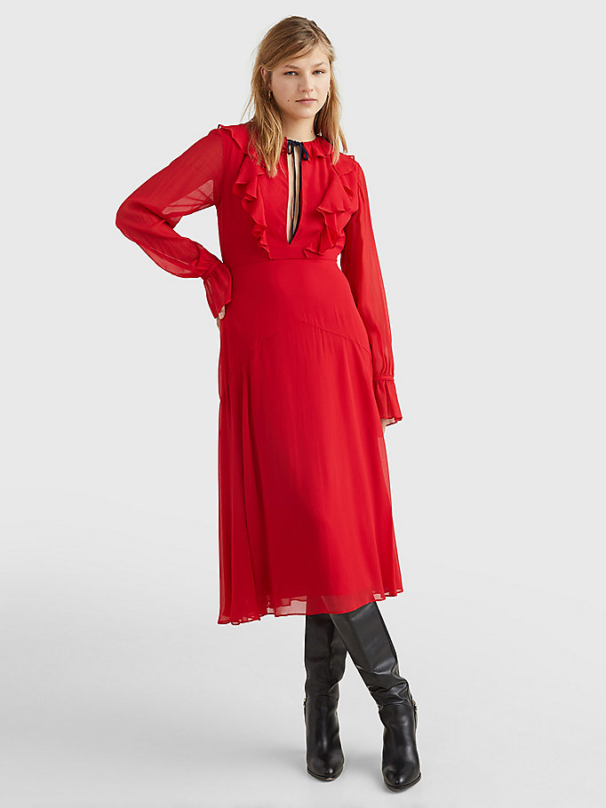 red viscose ruffle slim fit midi dress for women tommy hilfiger