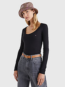 black slim fit scoop neck long sleeve t-shirt for women tommy hilfiger