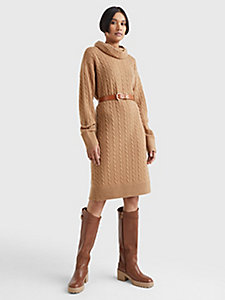 brown relaxed cable-knit wool roll neck dress for women tommy hilfiger