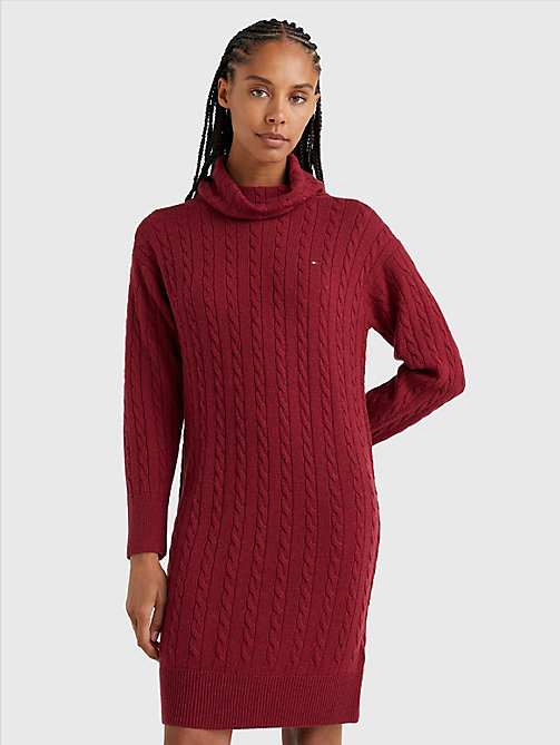 AS Womens Polo Cowl Neck Jumper Dress Ladies Cable Knitted Long Sleeve Plain Top 