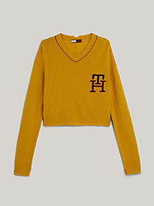 geel th monogram relaxed wollen trui met v-hals voor dames - tommy hilfiger