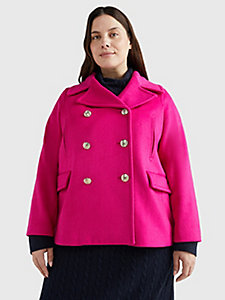 pink curve th monogram double breasted wool blend peacoat for women tommy hilfiger