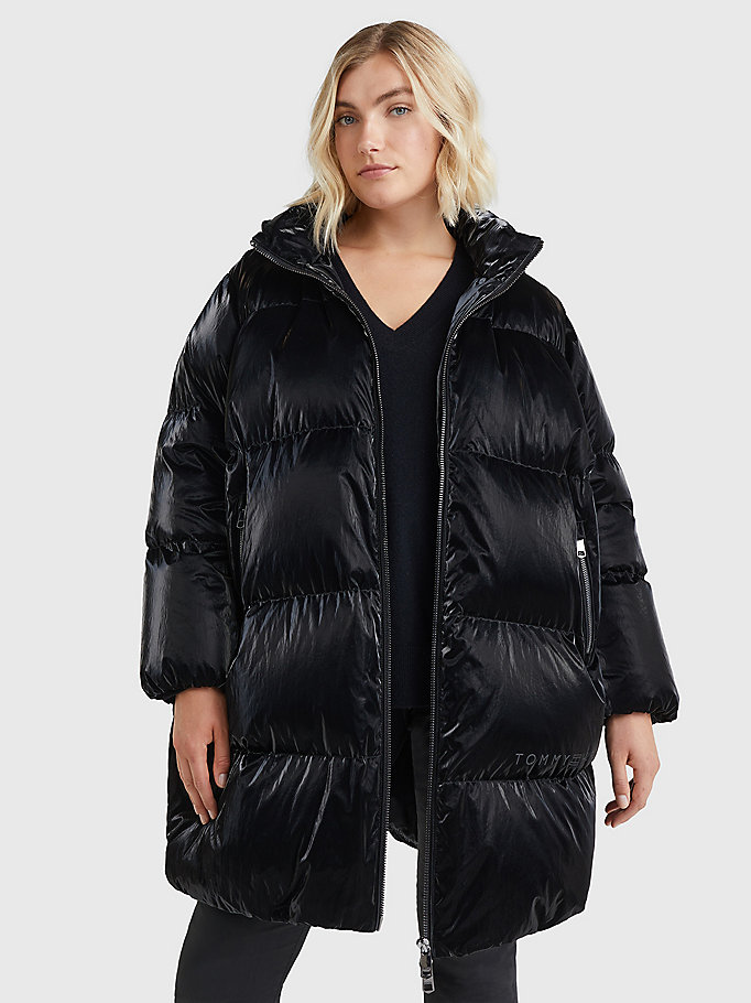 black curve metallic hooded down-filled puffer coat for women tommy hilfiger