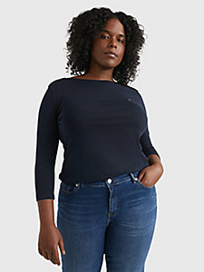 blau curve slim fit t-shirt mit dreiviertel-ärmeln für damen - tommy hilfiger