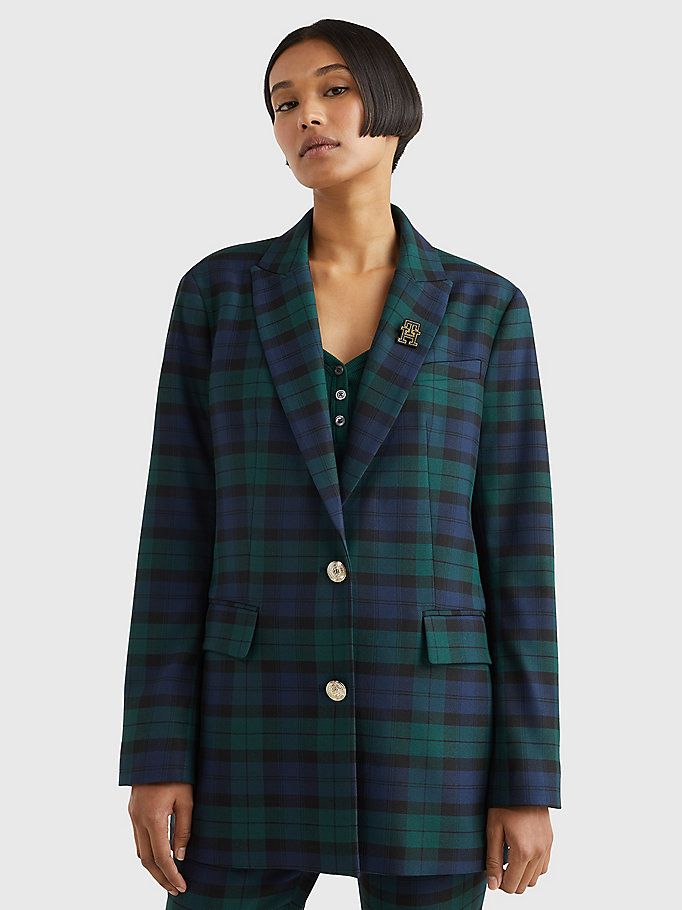 green relaxed fit tartan check blazer for women tommy hilfiger