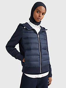 blue mixed knit down hooded jacket for women tommy hilfiger
