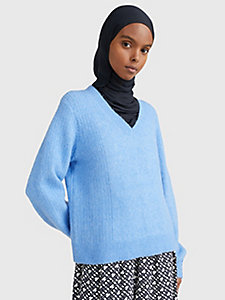 blau rippstrick-pullover mit v-ausschnitt für damen - tommy hilfiger