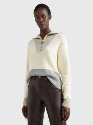 Colour-blocked relaxed trui met halve rits WIT | Tommy