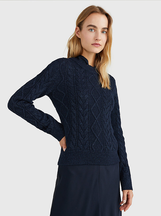 blue glitter cable knit slim fit jumper for women tommy hilfiger