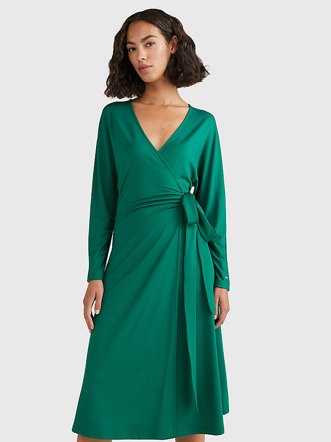 green long sleeve knee length wrap dress for women tommy hilfiger