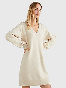 beige puff sleeve relaxed fit jumper dress for women tommy hilfiger