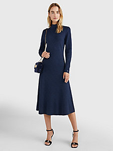 blauw slim fit jacquard midi-jurk met monogramprint voor dames - tommy hilfiger