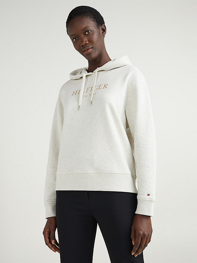 beige hoodie met shiny logo voor dames - tommy hilfiger