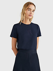 t-shirt col ras-du-cou à monogramme appliqué bleu pour femmes tommy hilfiger