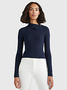blue rib-knit slim fit roll neck jumper for women tommy hilfiger