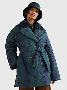 green black watch quilted padded relaxed peacoat for women tommy hilfiger