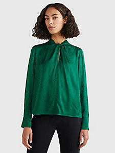 green twist neck monogram regular fit blouse for women tommy hilfiger