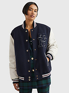 bomber relaxed fit con maniche in pelle blu da donna tommy hilfiger