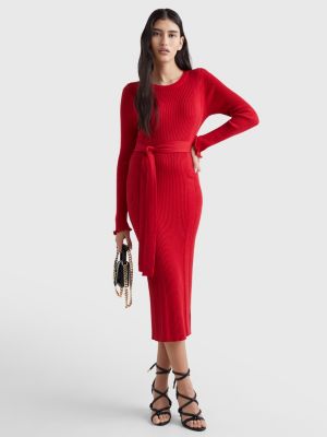 Knitted Slim Fit Midi Dress | RED | Tommy Hilfiger
