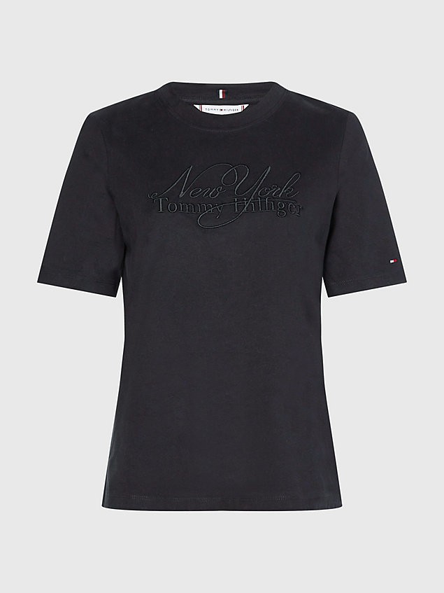 black t-shirt met ronde hals en geborduurd logo voor dames - tommy hilfiger